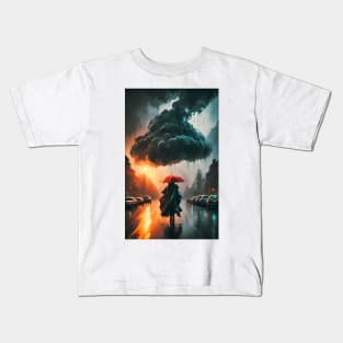 Urban Rainfall Symphony: Cloudy Cityscape Poncho Kids T-Shirt